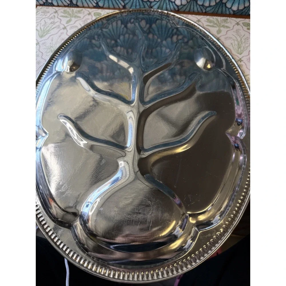 Vintage Stainless Steel Turkey Serving Tray With Drainage Tree Channels & Etched
